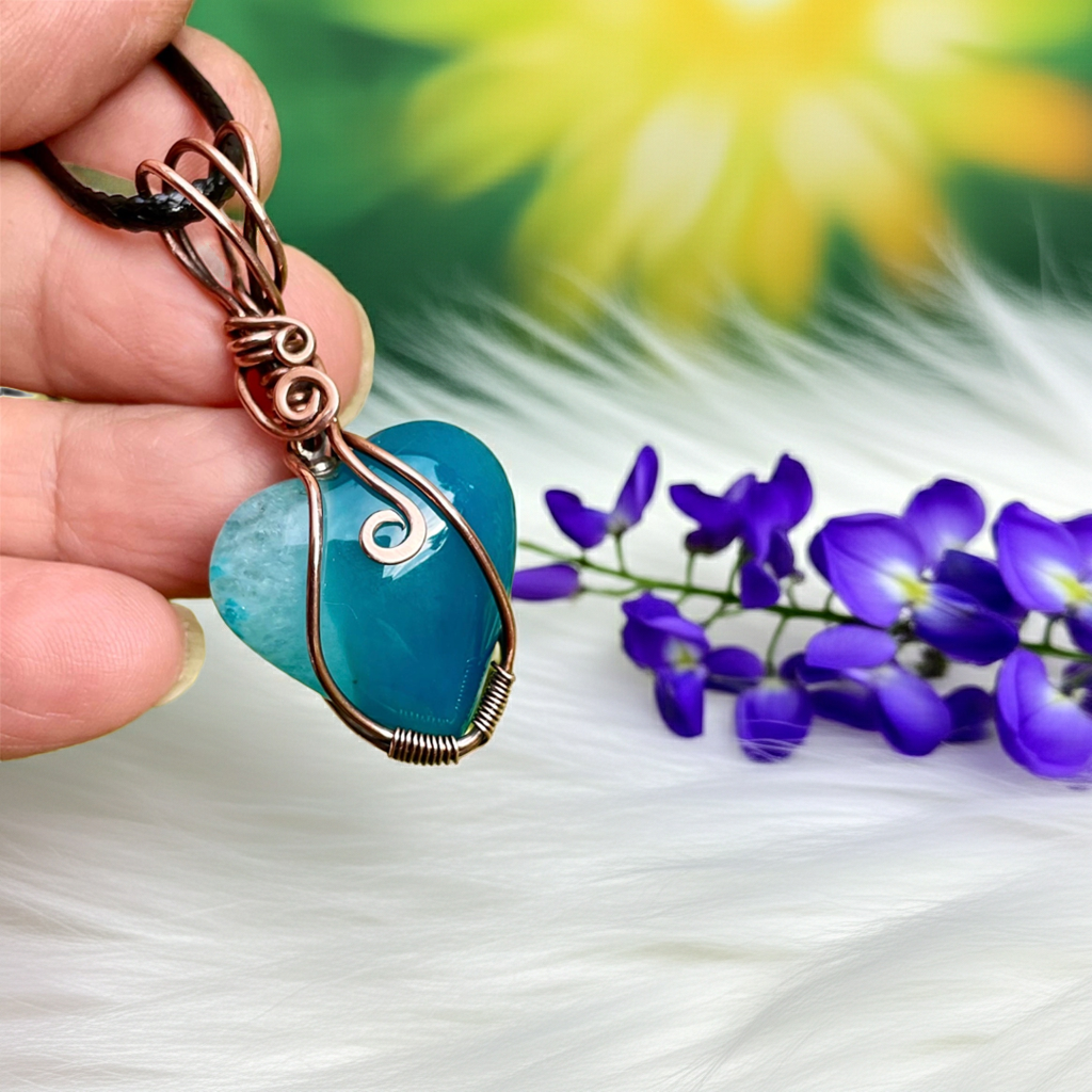 Druzy Geode Agate Wire Wrapped Heart Shaped Pendant