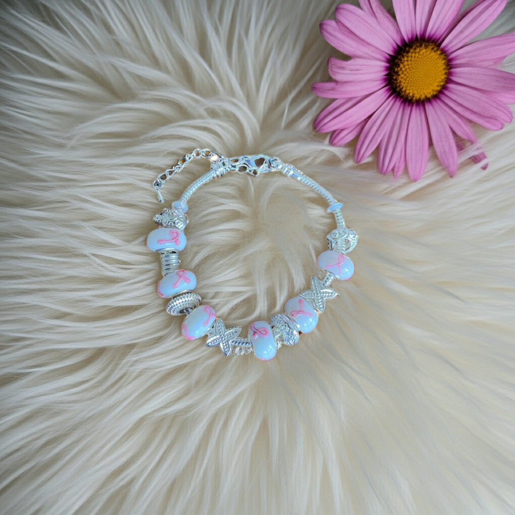 Pink Ribbon Murano Glass Bead Bracelet - Connie’s Crystals 