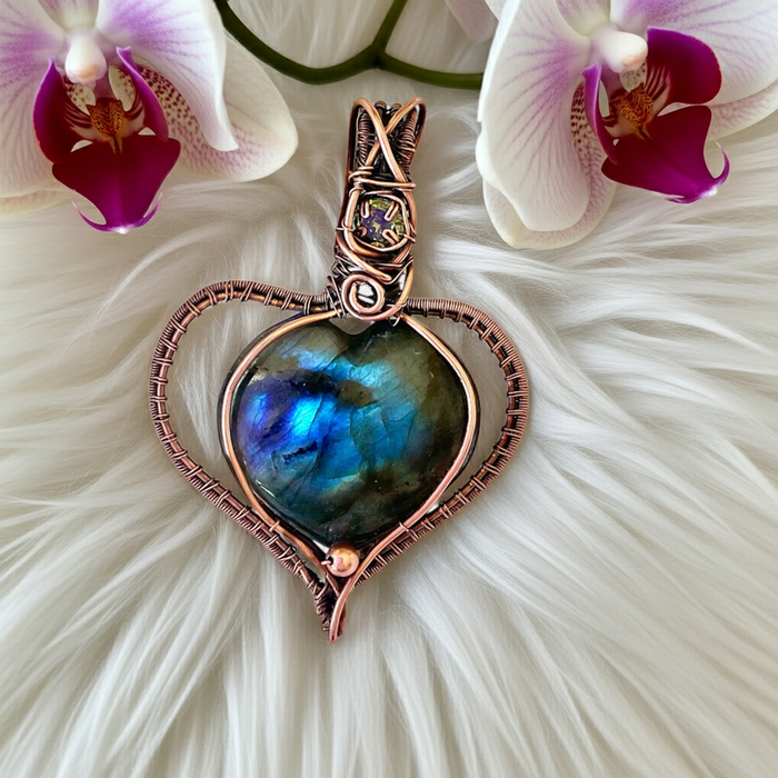 Labradorite Puffy Heart with Peridot Accent - Connie’s Crystals 