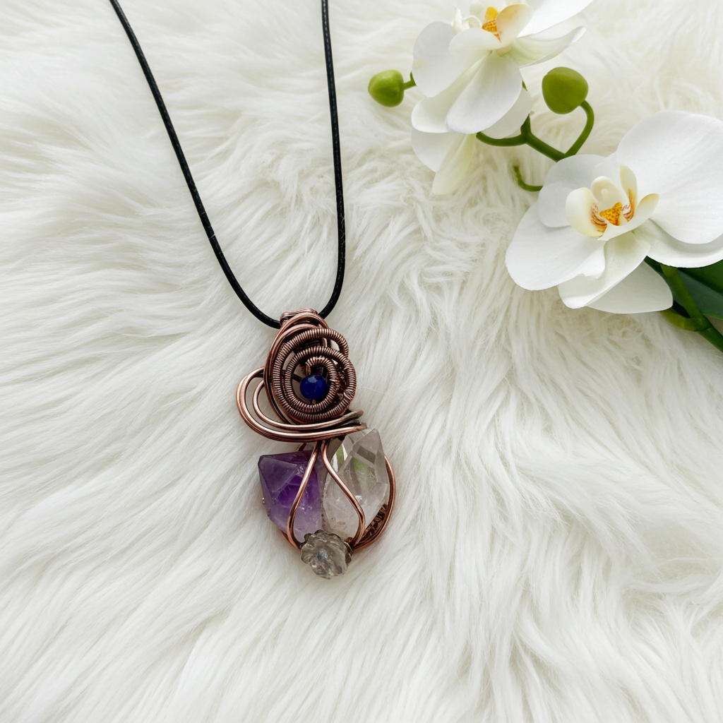 Amethyst and Herkimer Diamond Pendant with Sapphire Accent - Connie’s Crystals 