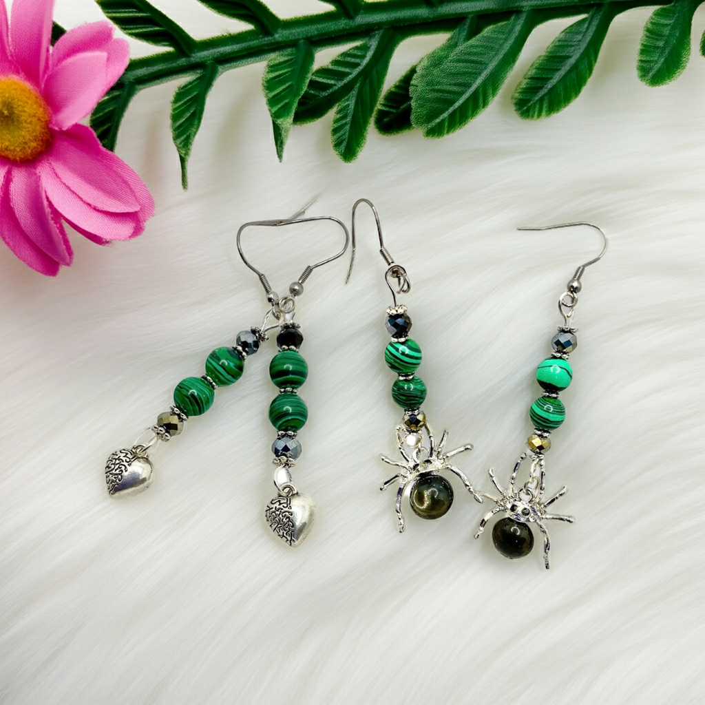Malachite with Silver Heart & Malachite Spider Earrings - Connie’s Crystals 