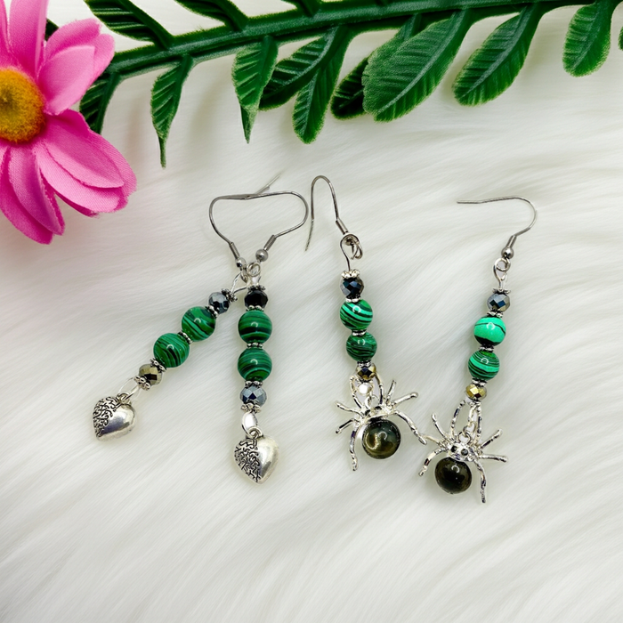 Malachite with Silver Heart & Malachite Spider Earrings - Connie’s Crystals 