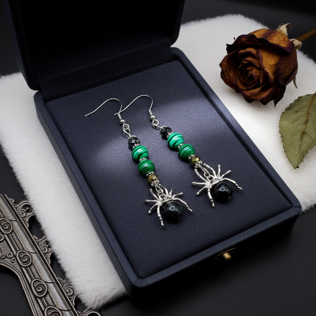 Malachite with Silver Heart & Malachite Spider Earrings - Connie’s Crystals 
