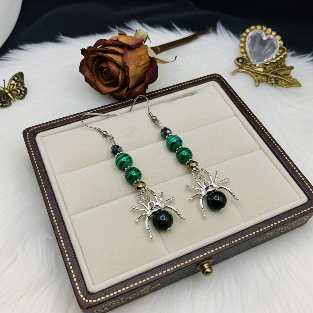 Malachite with Silver Heart & Malachite Spider Earrings - Connie’s Crystals 