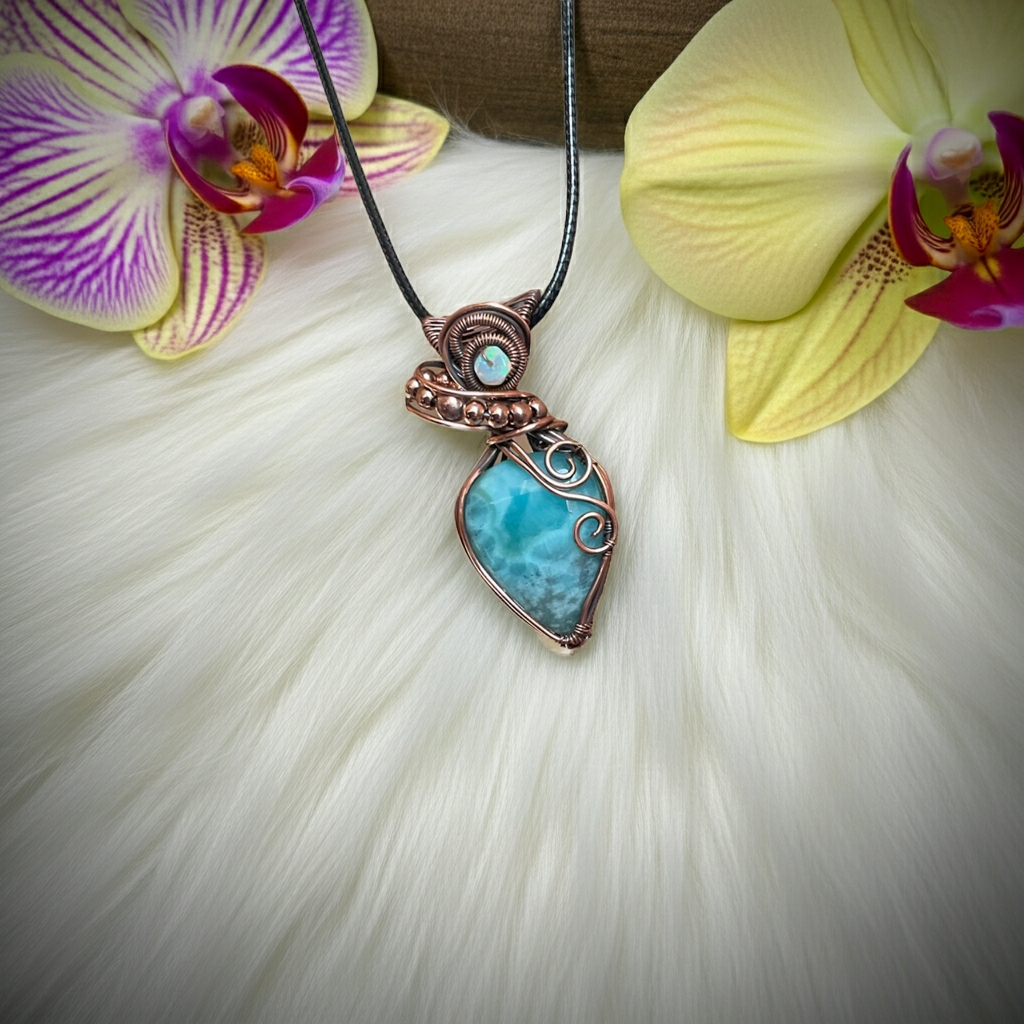 Larimar Wire Wrapped Pendants with Ethiopian Opal Accents - Connie’s Crystals 