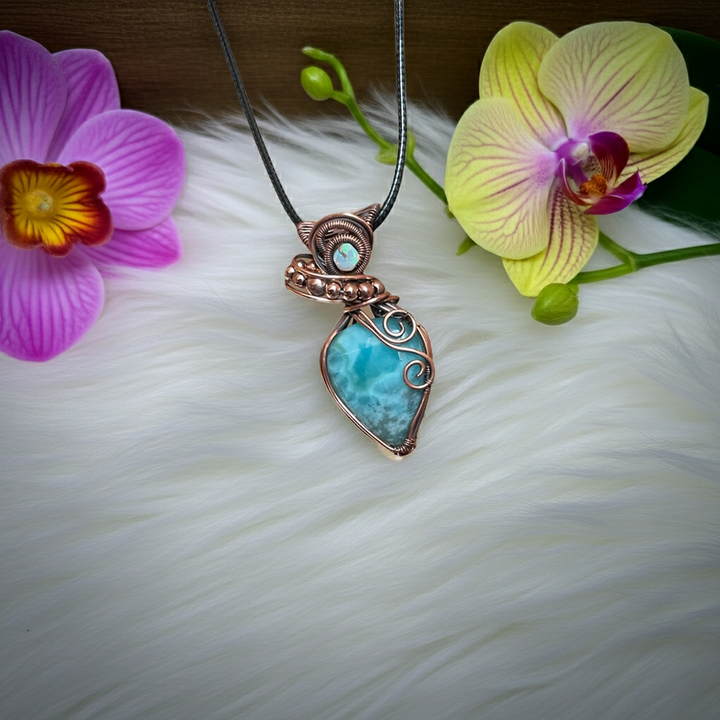 Larimar Wire Wrapped Pendants with Ethiopian Opal Accents - Connie’s Crystals 