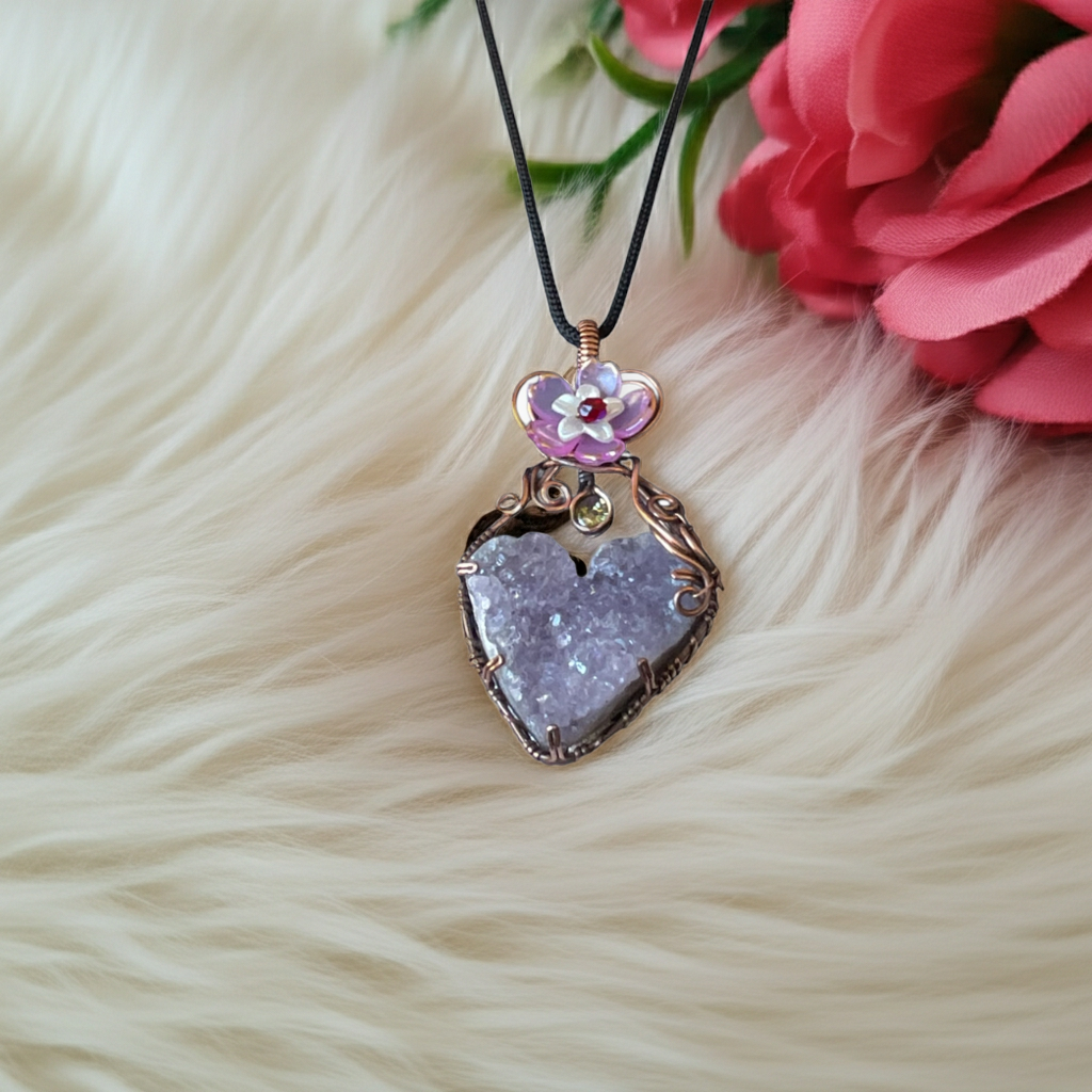 Amethyst Druzy Heart Pendant with Peridot & Flower Accent - Connie’s Crystals 