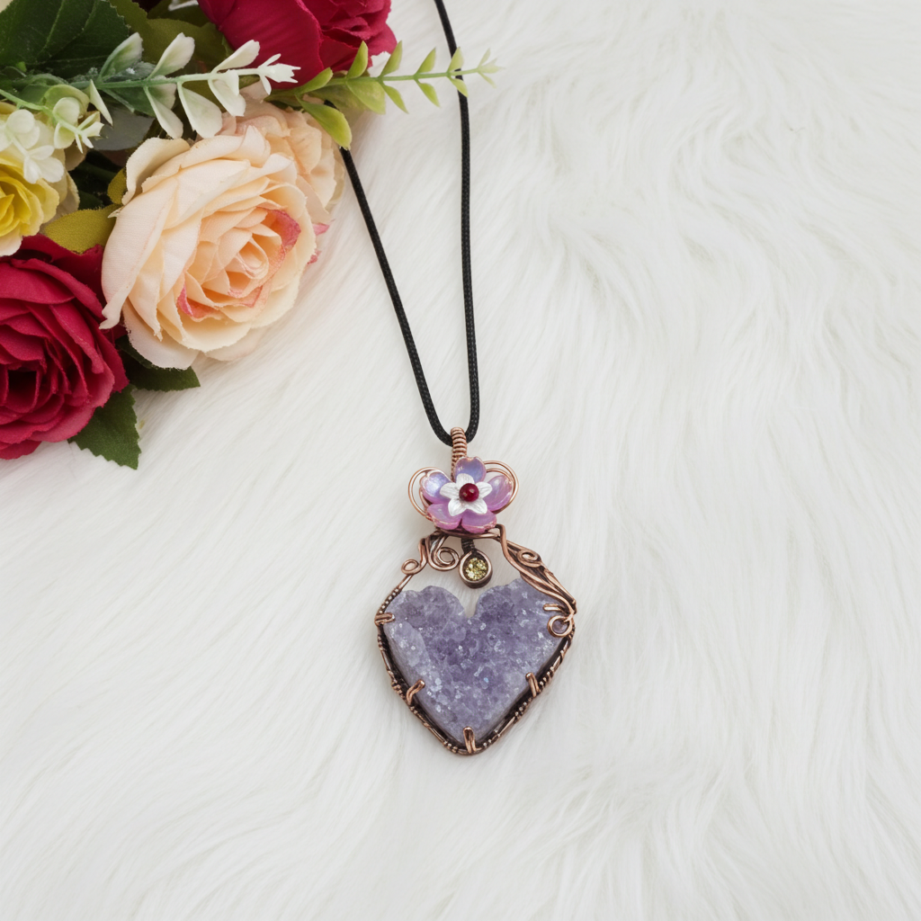 Amethyst Druzy Heart Pendant with Peridot & Flower Accent - Connie’s Crystals 