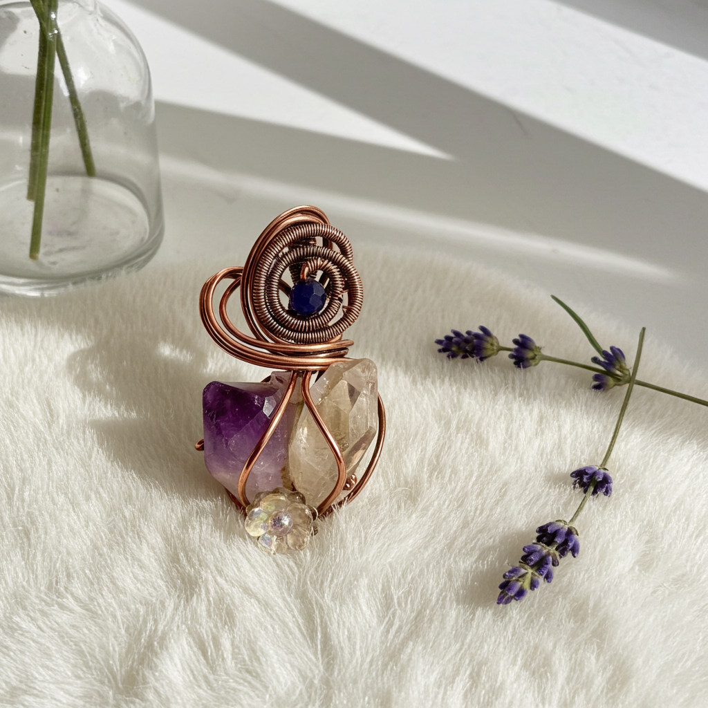 Amethyst and Herkimer Diamond Pendant with Sapphire Accent - Connie’s Crystals 