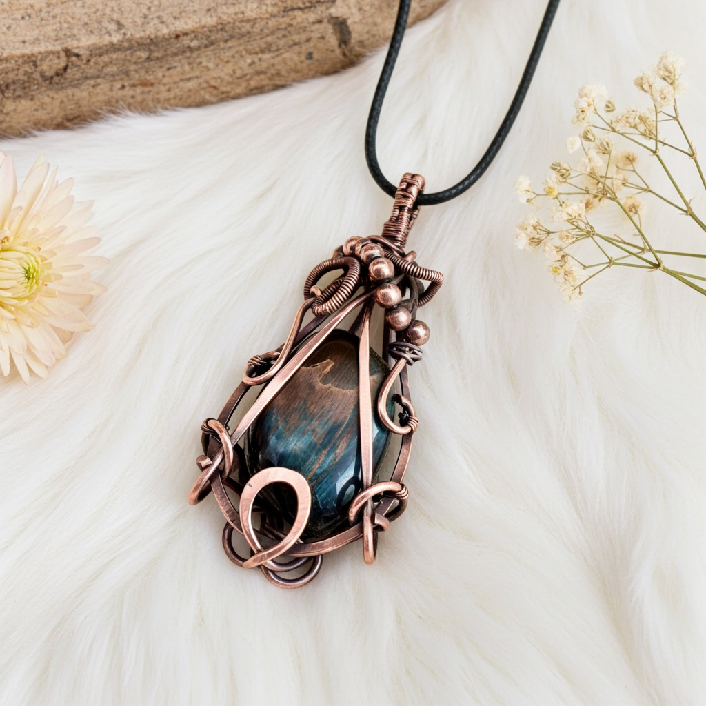 Blue Tiger Eye Wire Wrapped Pendant