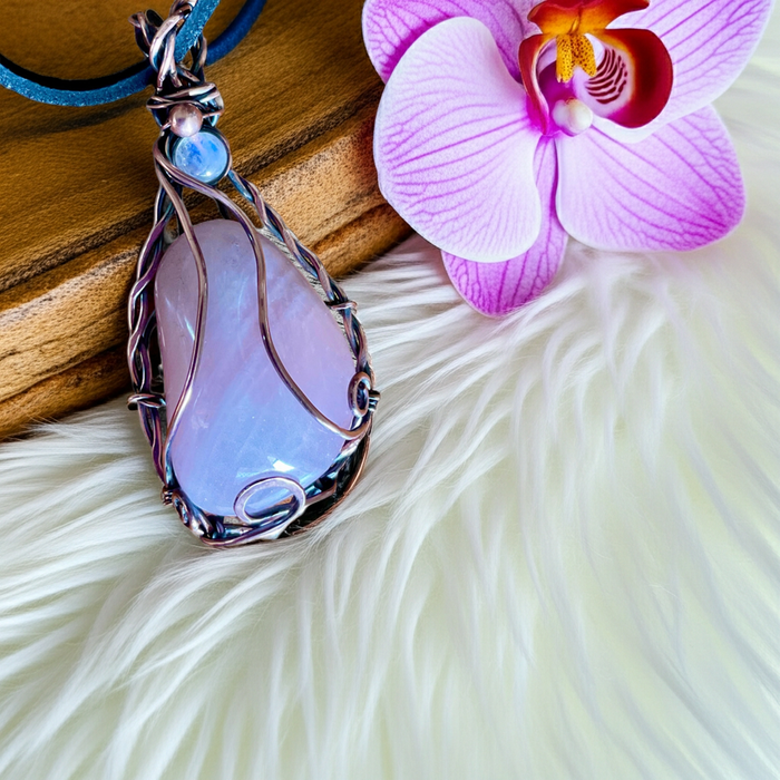 Rose Quartz Wire Wrapped Pendant With Moonstone Accent - Connie’s Crystals 