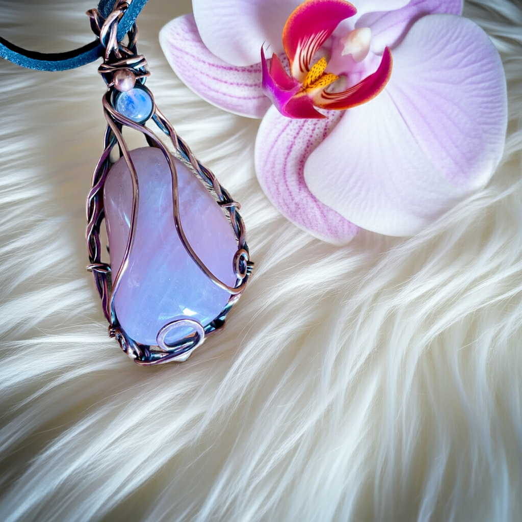 Rose Quartz Wire Wrapped Pendant With Moonstone Accent - Connie’s Crystals 