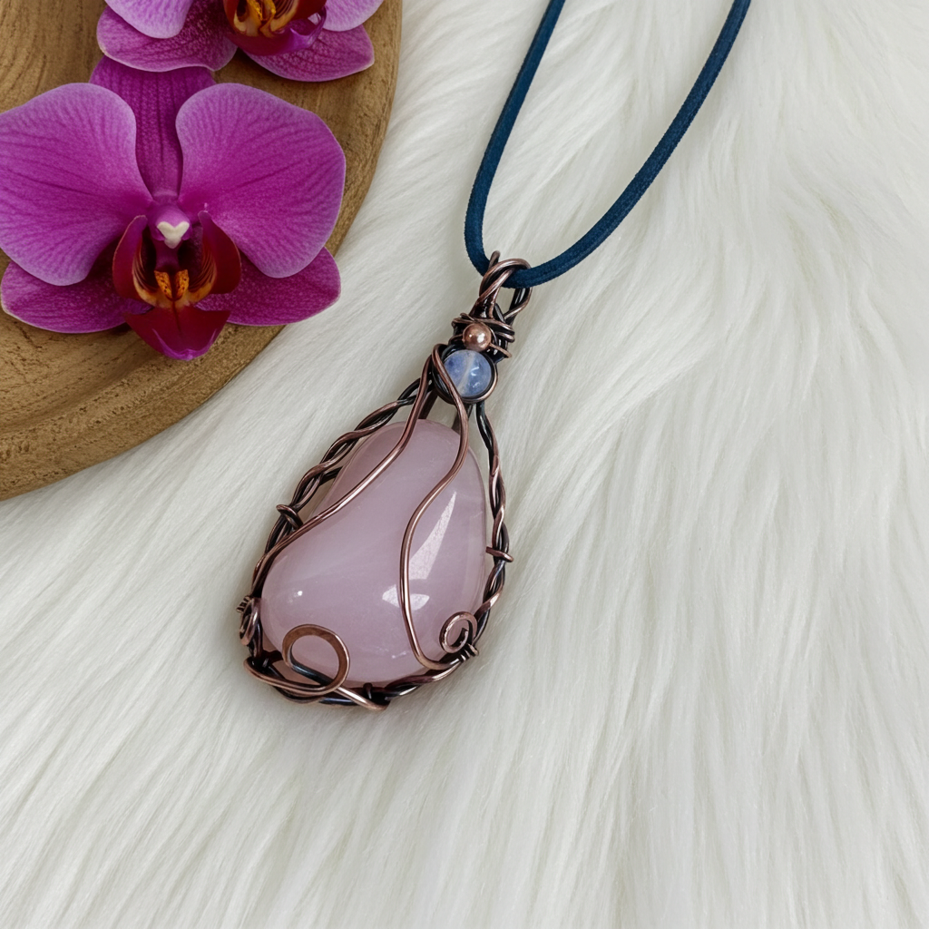 Rose Quartz Wire Wrapped Pendant With Moonstone Accent - Connie’s Crystals 