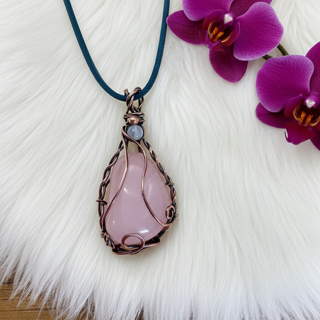 Rose Quartz Wire Wrapped Pendant With Moonstone Accent - Connie’s Crystals 