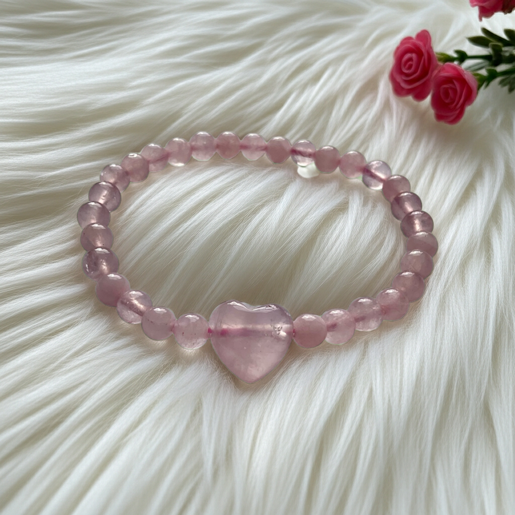 🌸 Rose Quartz Stretch Bracelet with Heart Focal - Connie’s Crystals 