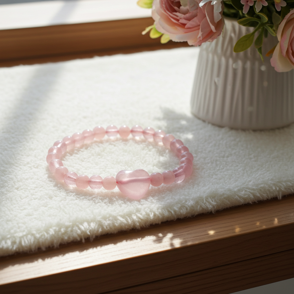 🌸 Rose Quartz Stretch Bracelet with Heart Focal - Connie’s Crystals 