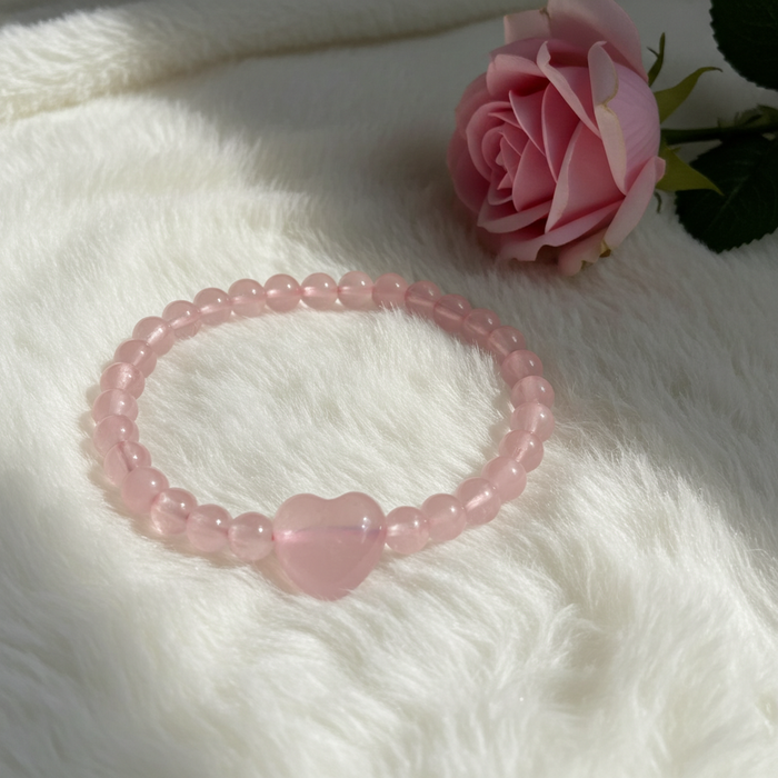 🌸 Rose Quartz Stretch Bracelet with Heart Focal