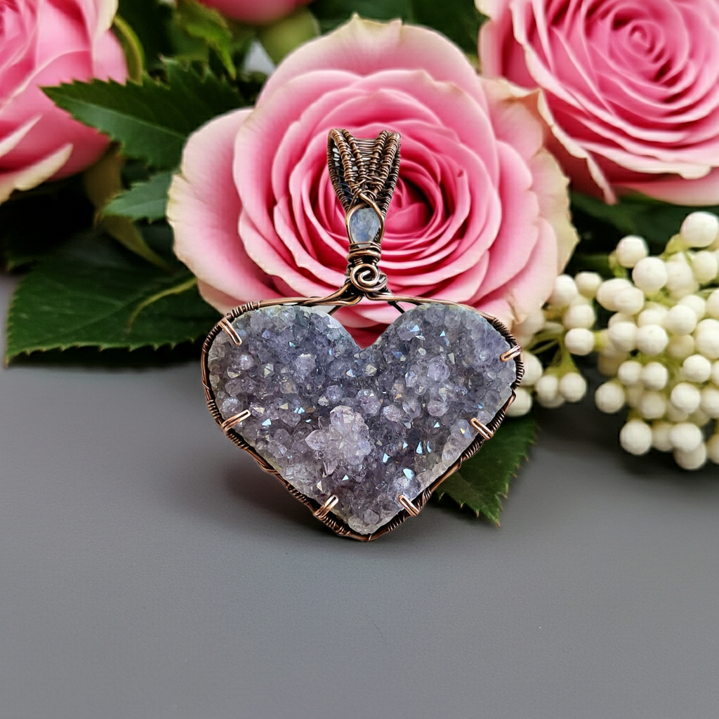 Amethyst Druzy Heart Pendant with Moonstone Accent - Connie’s Crystals 