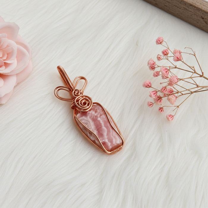 Rhodochrosite Raw Stone Wire Wrapped Pendant - Connie’s Crystals 