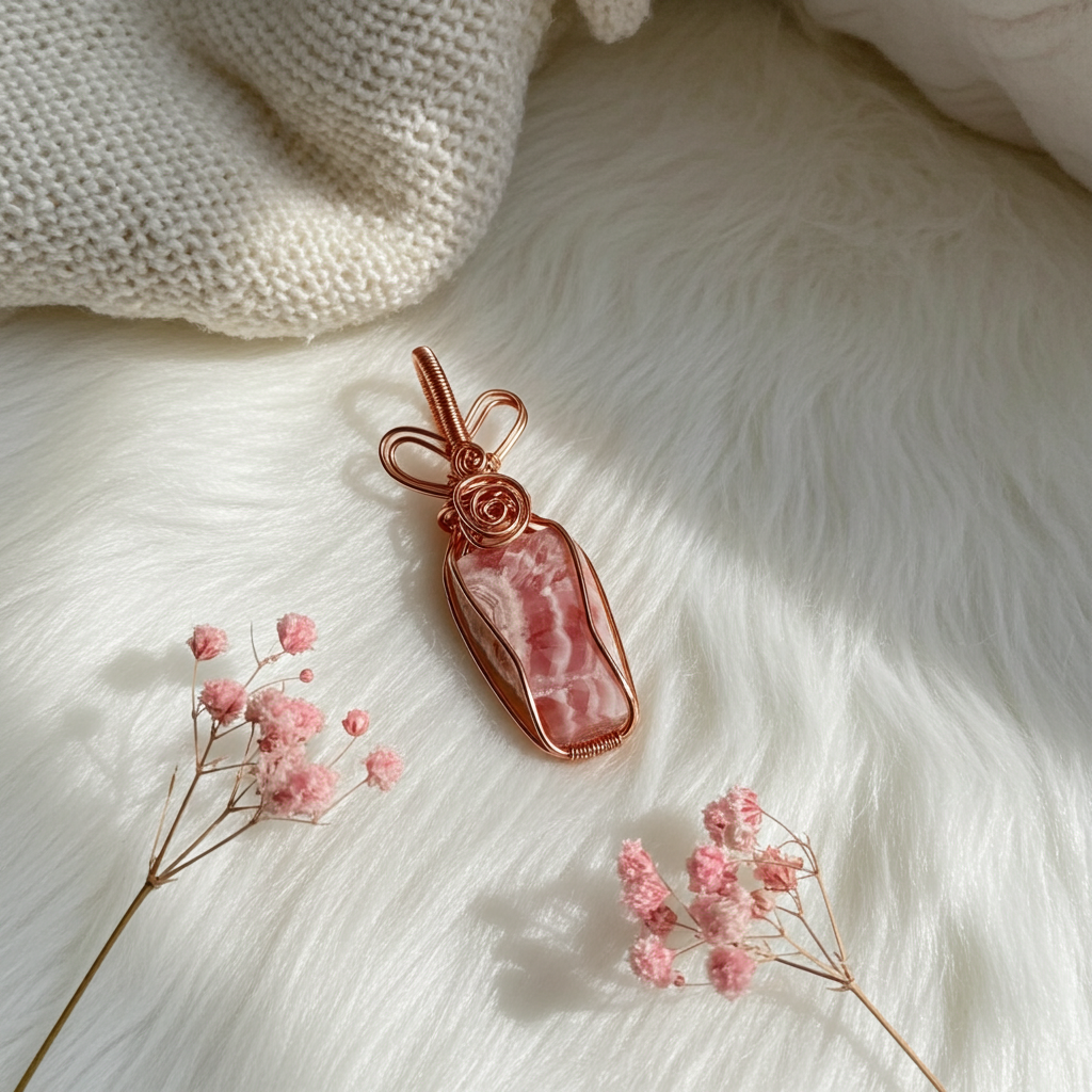 Rhodochrosite Raw Stone Wire Wrapped Pendant - Connie’s Crystals 