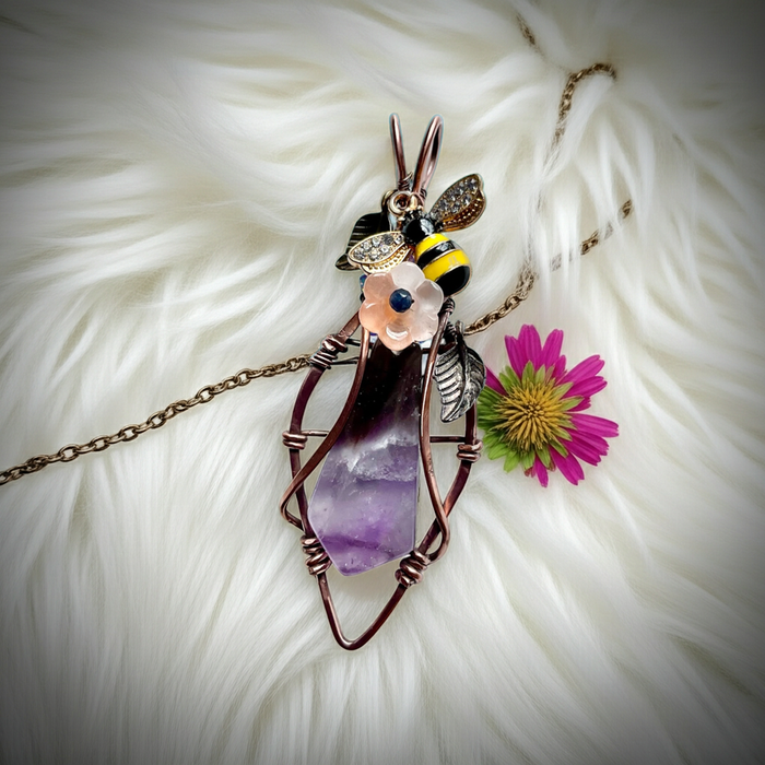 Large Chevron Amethyst Pendant – Diamond Frame with Bee & Peach Glass Flower