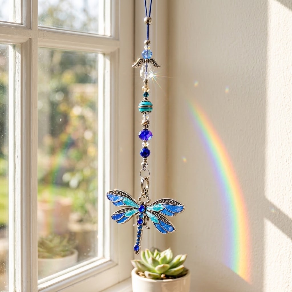Blue Dragonfly Sun Catcher with Angel and Beaded Detail