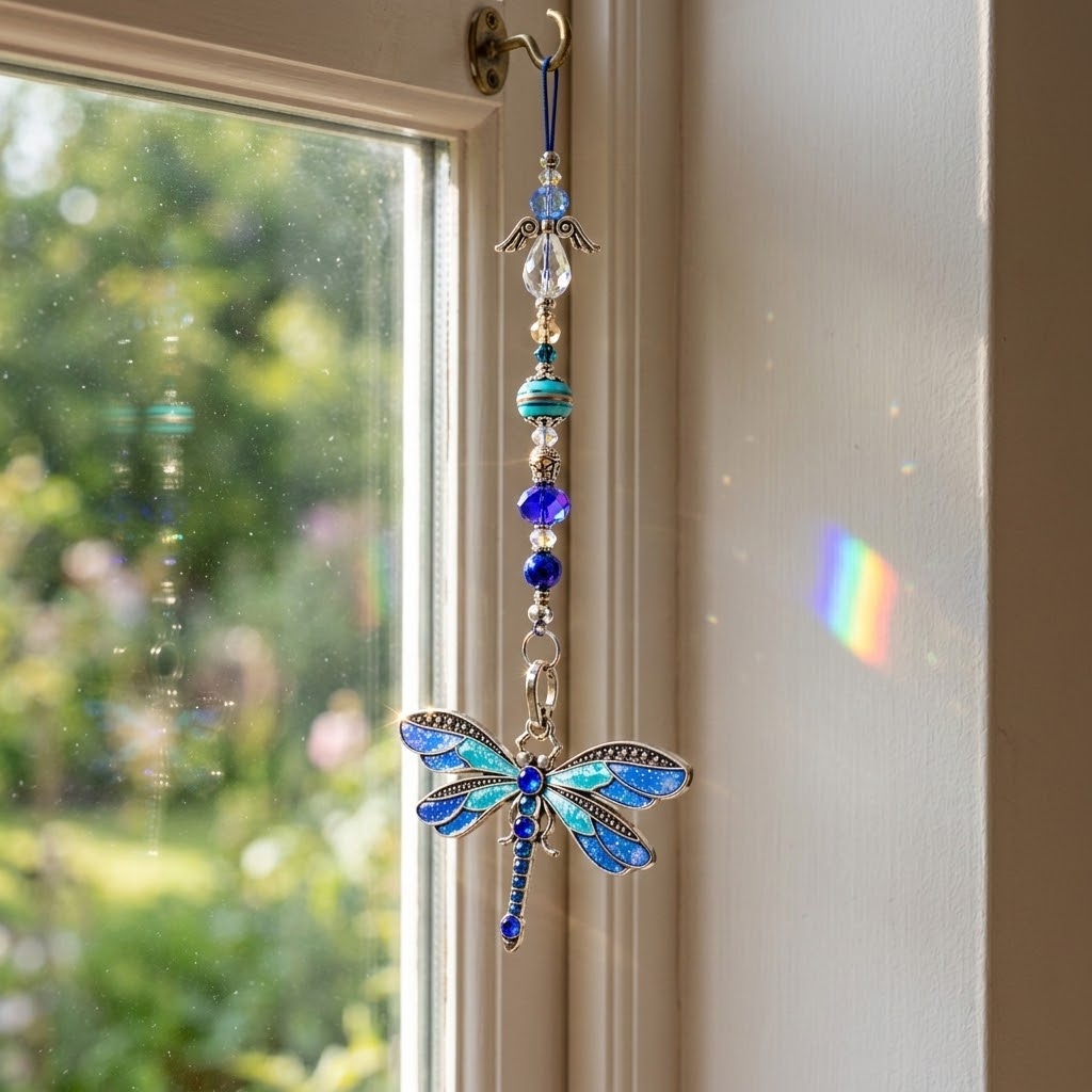 Blue Dragonfly Sun Catcher with Angel and Beaded Detail