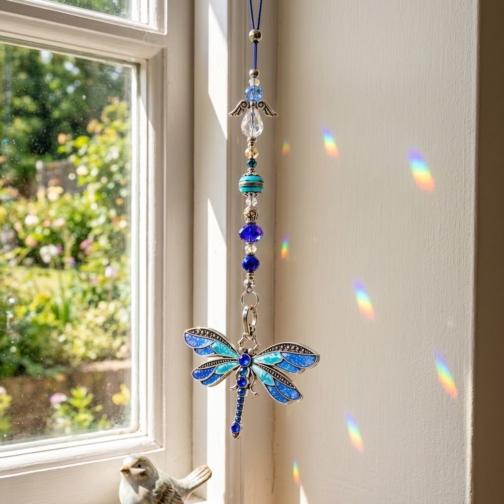 Blue Dragonfly Sun Catcher with Angel and Beaded Detail