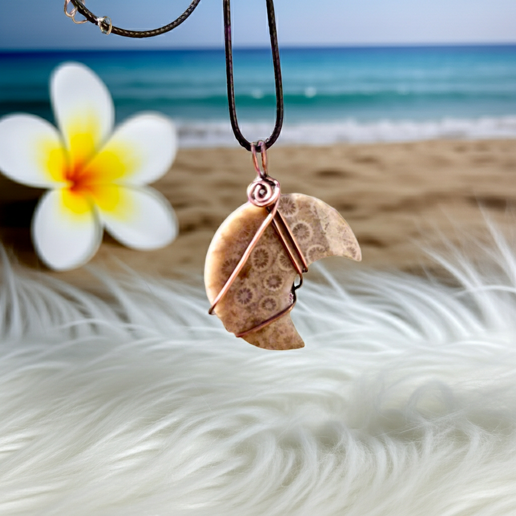 Coral Fossil Crescent Moon Pendant - Connie’s Crystals 