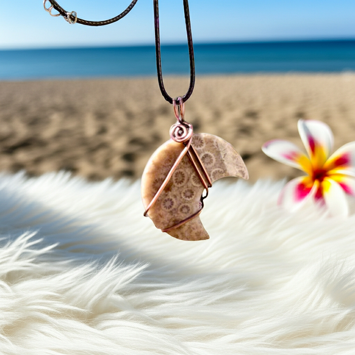 Coral Fossil Crescent Moon Pendant - Connie’s Crystals 