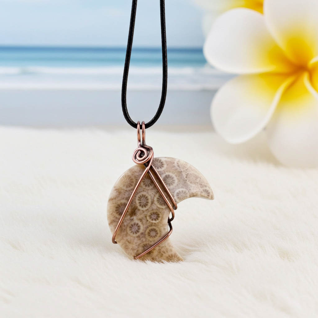 Coral Fossil Crescent Moon Pendant - Connie’s Crystals 