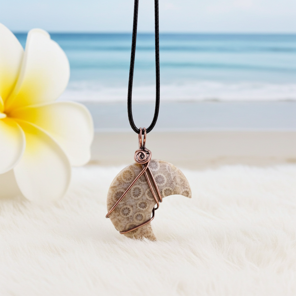 Coral Fossil Crescent Moon Pendant - Connie’s Crystals 