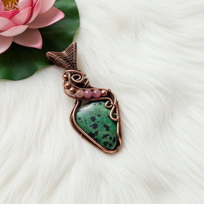 Green Dalmatian Jasper with Pink Tourmaline - Connie’s Crystals 