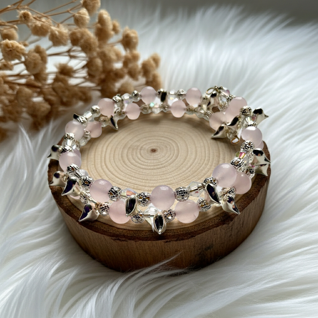 Rose Quartz “Chain Of Hearts” Memory Wire Bracelet - Connie’s Crystals 
