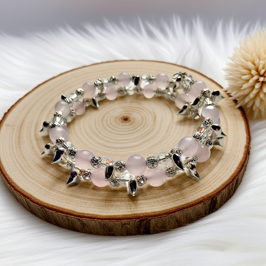 Rose Quartz “Chain Of Hearts” Memory Wire Bracelet - Connie’s Crystals 