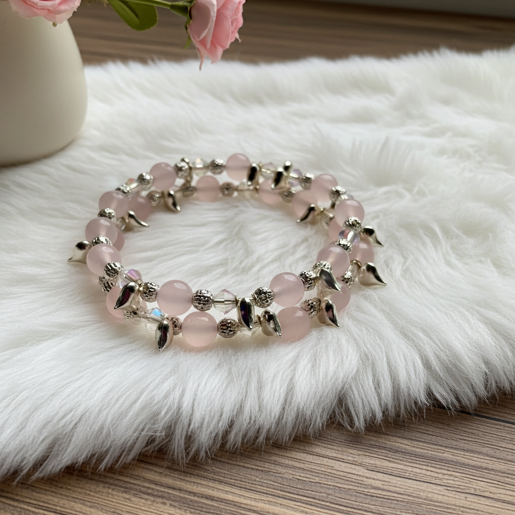 Rose Quartz “Chain Of Hearts” Memory Wire Bracelet - Connie’s Crystals 
