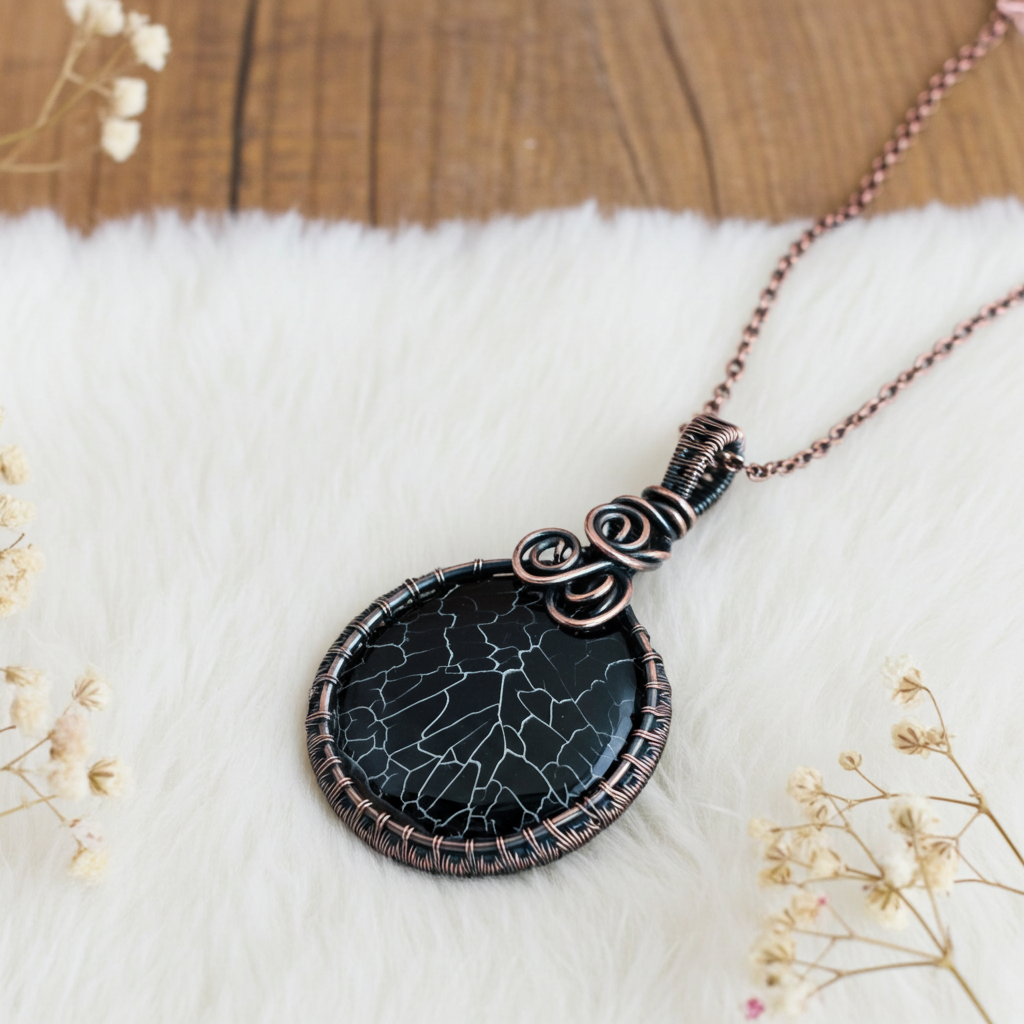Black Fire Agate Wire Wrapped Pendant - Connie’s Crystals 