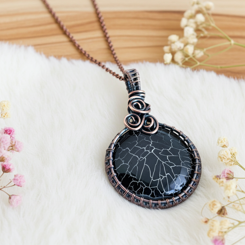 Black Fire Agate Wire Wrapped Pendant - Connie’s Crystals 