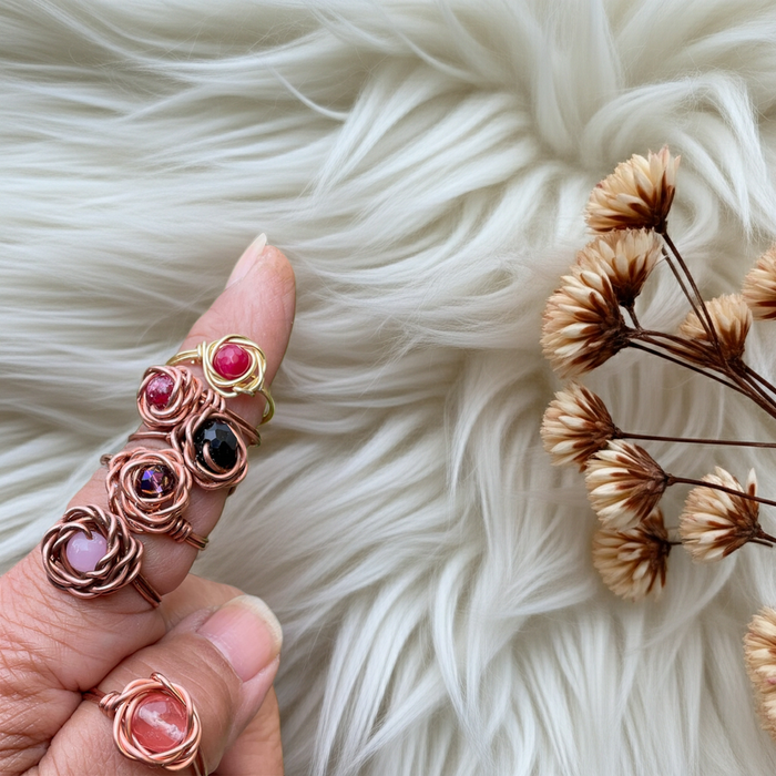 Handcrafted Copper Rose Rings with Gemstone Centres
