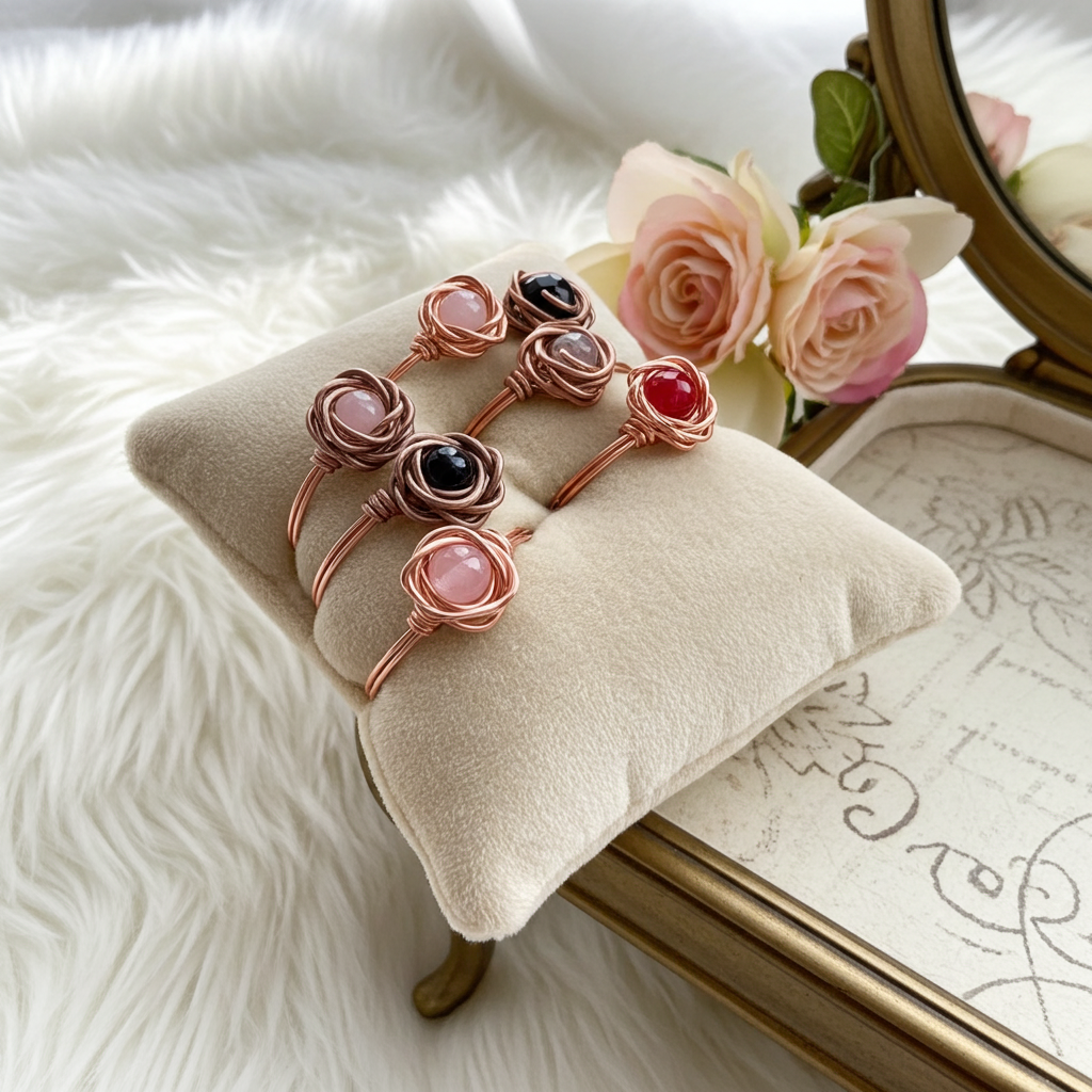Handcrafted Copper Rose Rings with Gemstone Centres