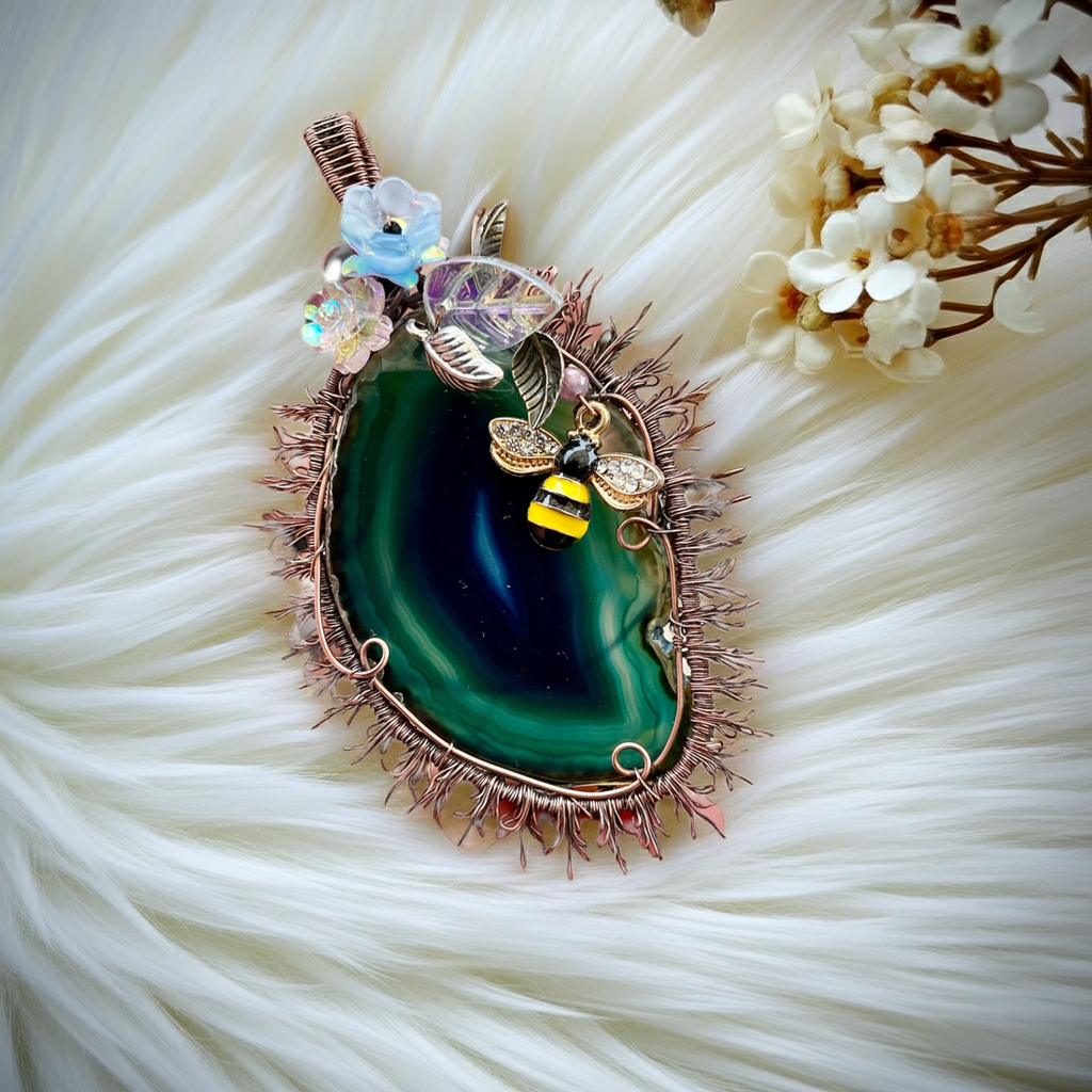 Teal Coloured Agate Slice Sun Pendant with Bee and Floral Accents