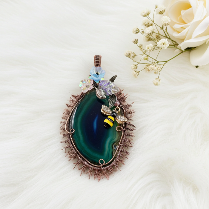 Teal Coloured Agate Slice Sun Pendant with Bee and Floral Accents