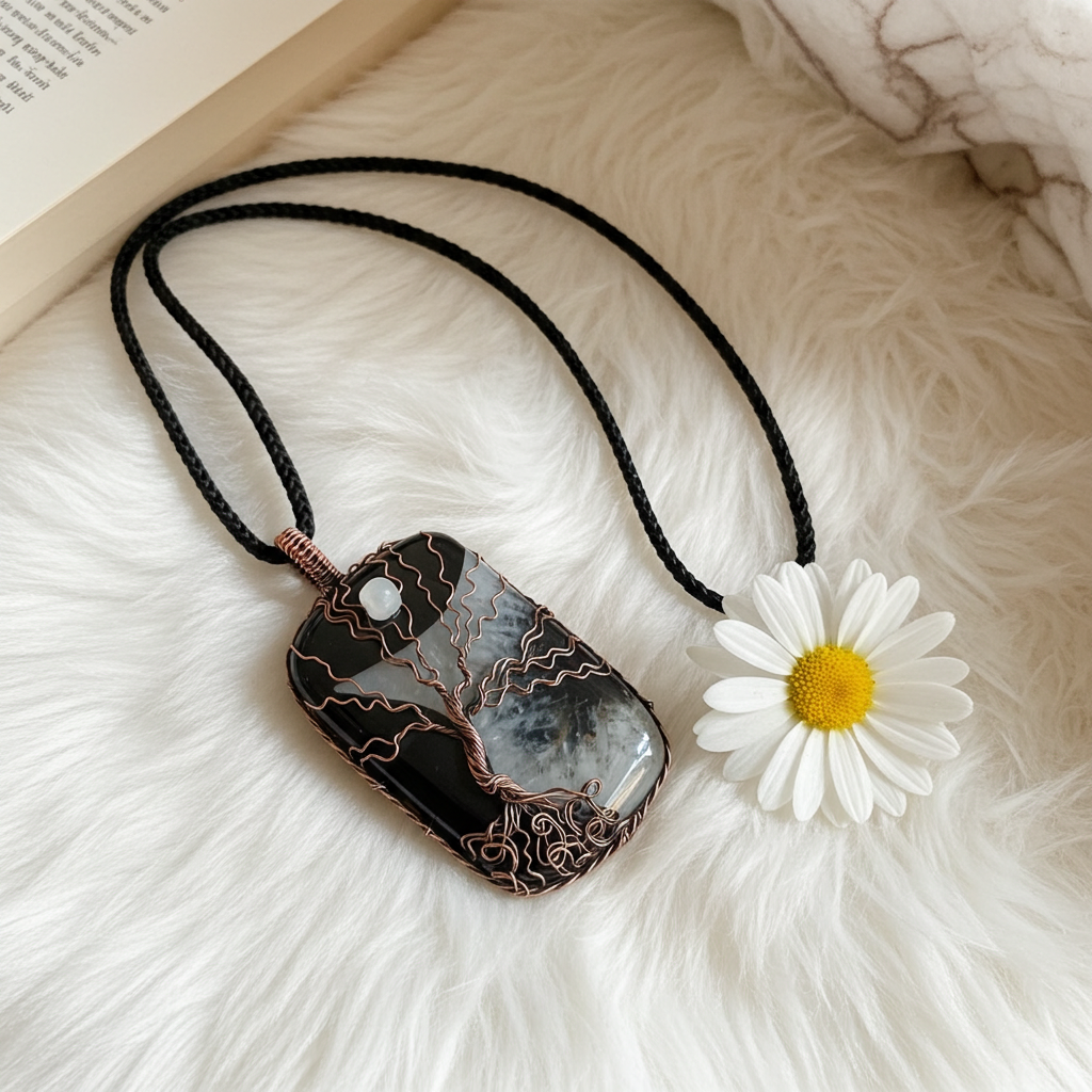 Black Druzy Agate Tree of Life with Moonstone Accent