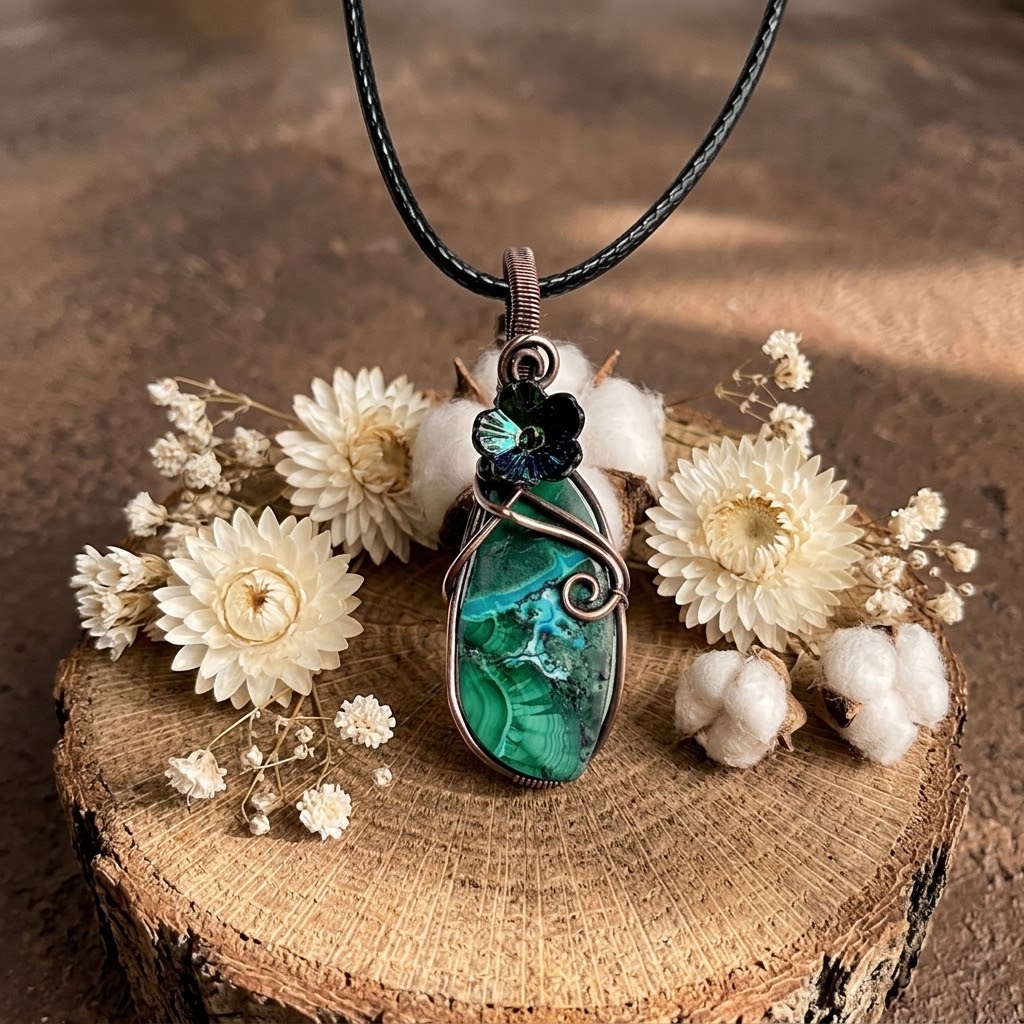 Chrysocolla in Malachite Flower Pendant - Connie’s Crystals 
