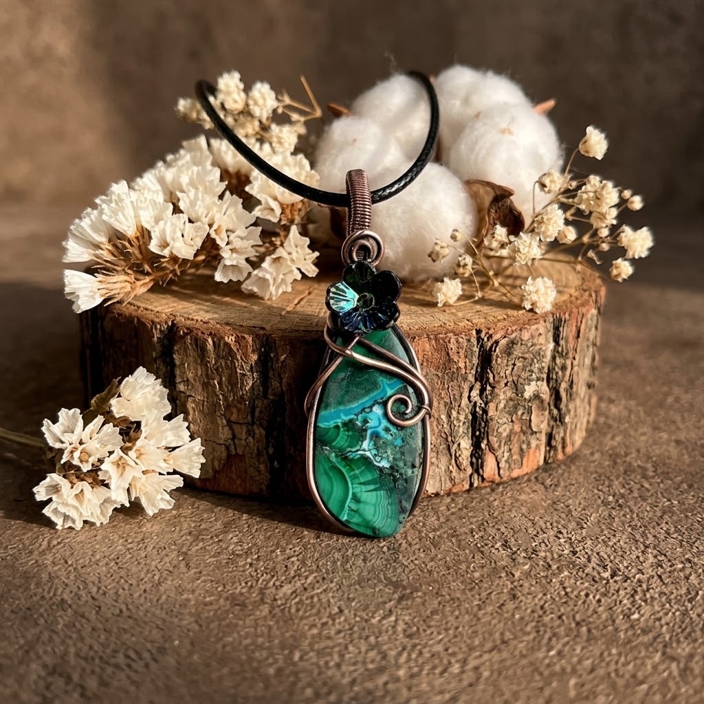 Chrysocolla in Malachite Flower Pendant - Connie’s Crystals 