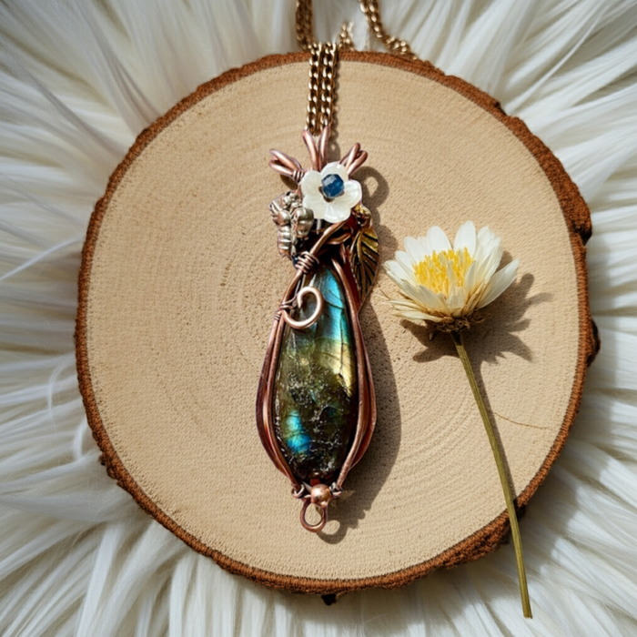 Labradorite Pendant with Sapphire Flower & Bee Accent - Connie’s Crystals 