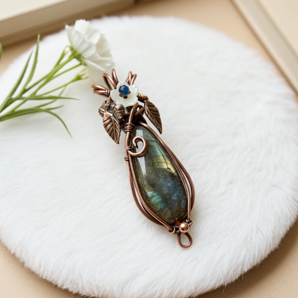 Labradorite Pendant with Sapphire Flower & Bee Accent - Connie’s Crystals 