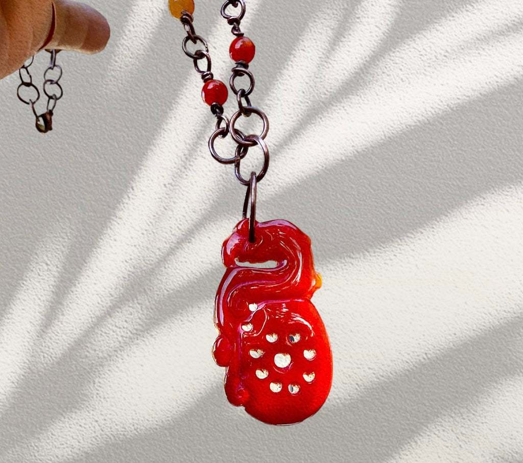 Red Jade Pixiu Pendant With Carnelian Handmade Necklace - Connie’s Crystals 