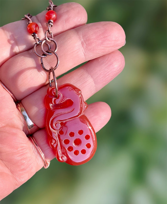 Red Jade Pixiu Pendant With Carnelian Handmade Necklace - Connie’s Crystals 