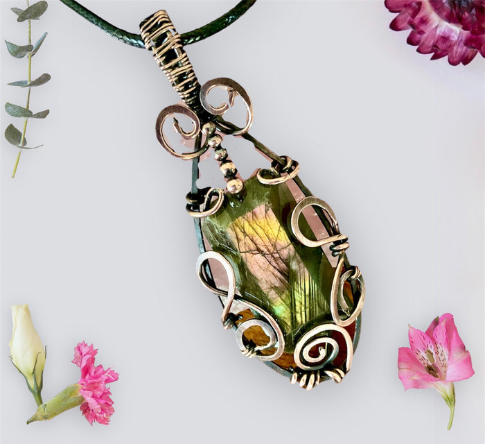 Labradorite Rectangular Wire Wrapped Pendant - Connie’s Crystals 